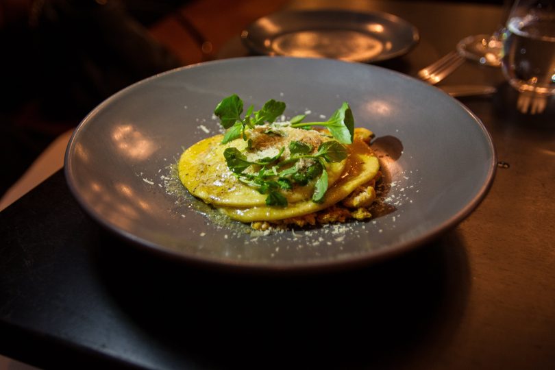 Egg yolk ravioli with Amaretti crumble, burnt butter and sage. Photo: Robert Pepper