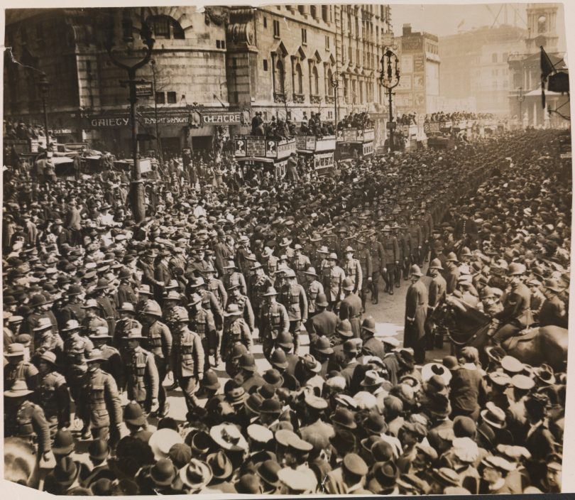 ANZAC soldiers marching to Westminster Abbey to commemorate the first Anzac Day, London, 25 April 1916. 