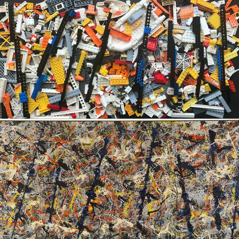 Top: Jackson Pollock's Blue poles recreated in LEGO. Bottom: Jackson Pollock's Blue poles.