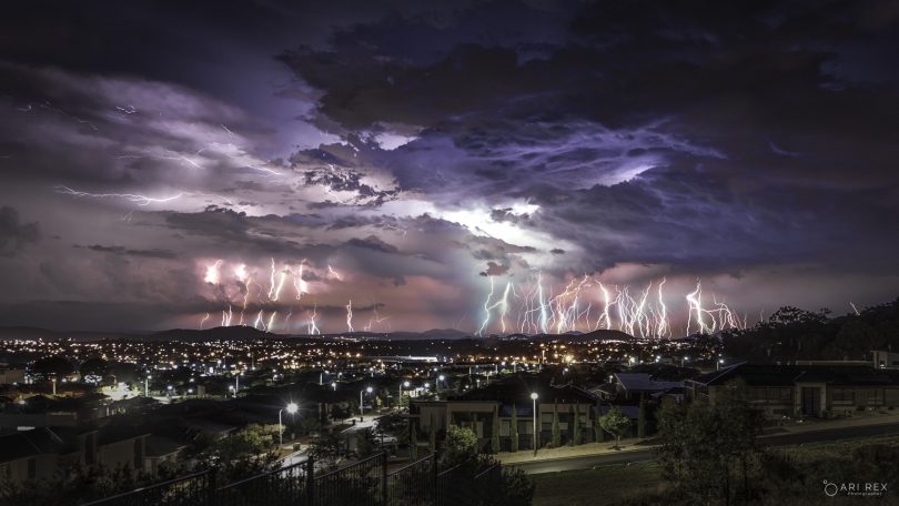 Lightning storm over Canberra at night.