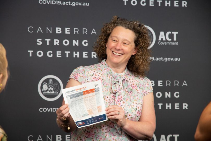 Dr Kerryn Coleman announcing the ACT will move to Step 3.2 next Friday. Photo: Dominic Giannini.