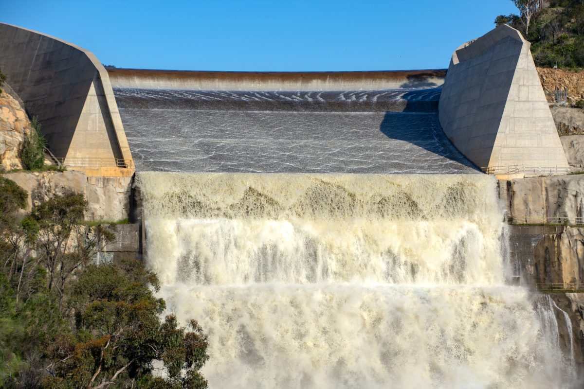 Googong Dam in full flow with significant water spilling on 4 November.