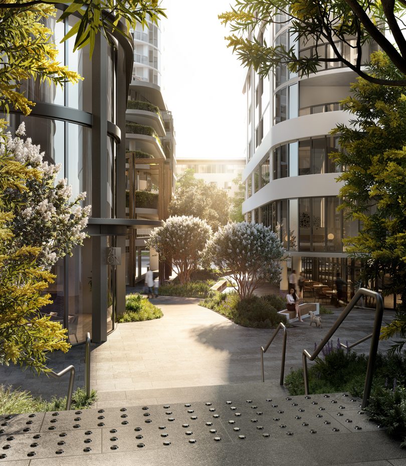 Artist's impression of pathway between buildings at WOVA