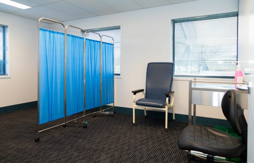 Treatment room at Canberra Airport precinct COVID-19 mass vaccination clinic