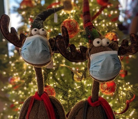 Two toy reindeers wearing masks