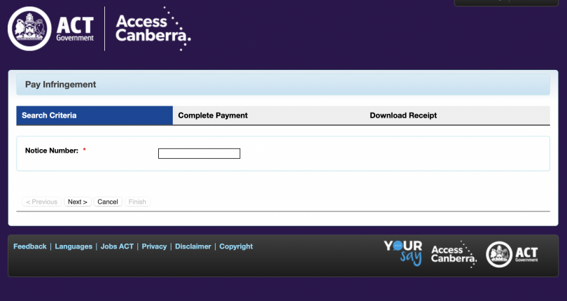 Screenshot of Access Canberra webpage