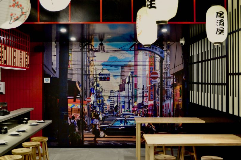 Osaka streetscape feature wall in restaurant
