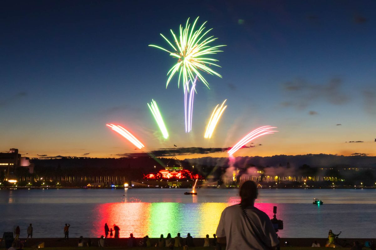 New Year's Eve fireworks along Lake Burley Griffin. 