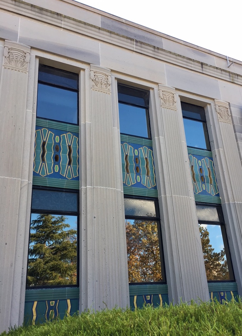 Stylised Indigenous designs under the windows of the National Film and Sound Archive building.