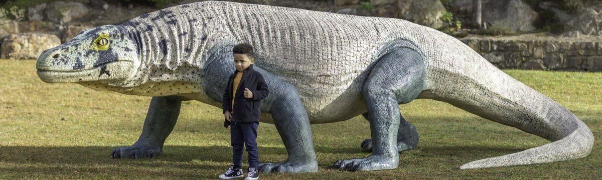 Child standing next to a model Megalania