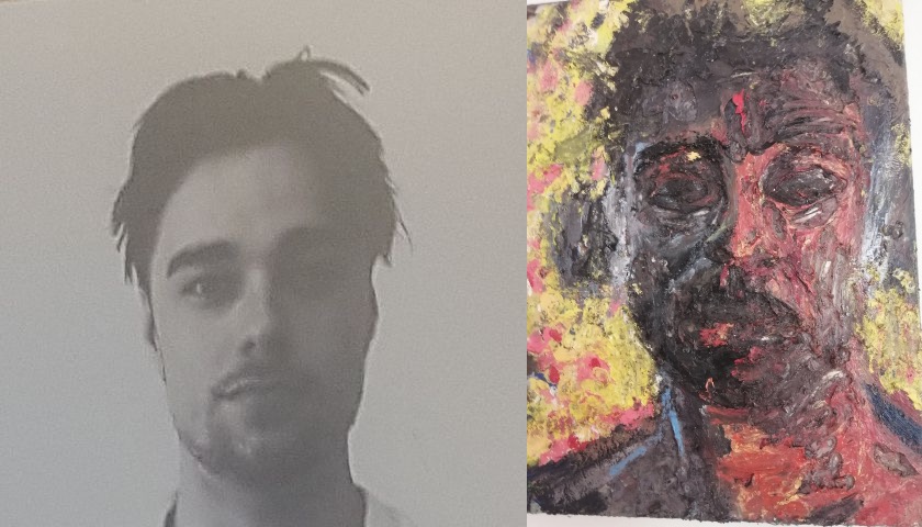 picture of ravi madan next to his self-portrait