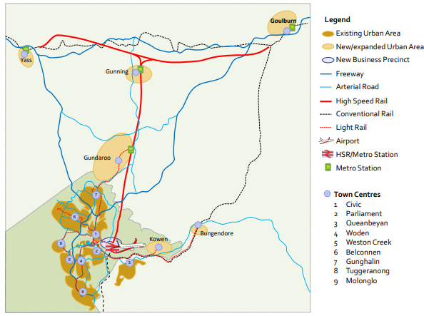 map of proposed high speed rail line from Canberra to Yass and Goulburn