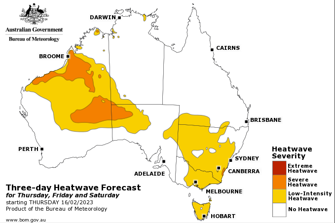 Map with coloured shading showing areas of heatwave risk